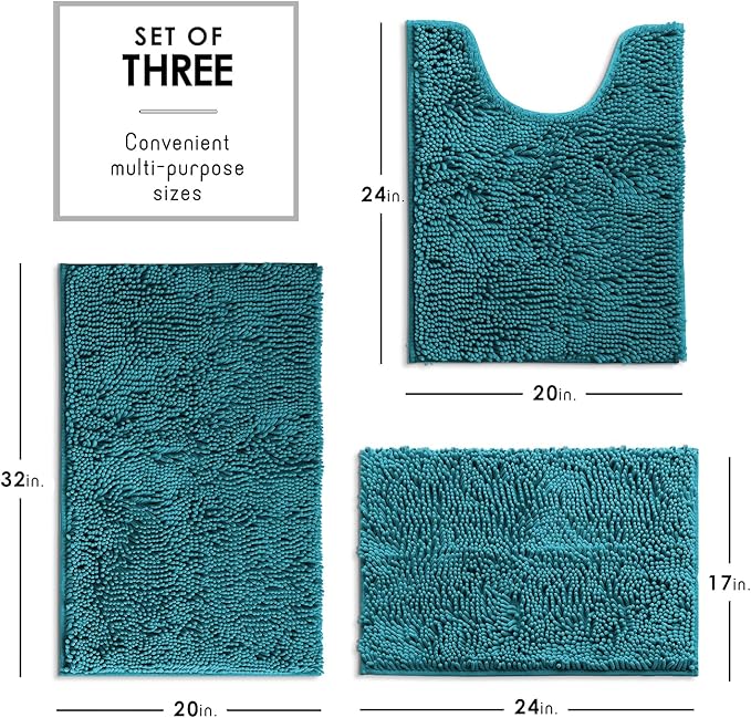 Hearth & Harbor Bathroom Rugs, Chenille Bath Mat - Machine Washable Bath Mats for Bathroom Non-Slip Backing Rubber, Quick Dry - Teal Blue Bath Rug, 17x24-20x32-20x24