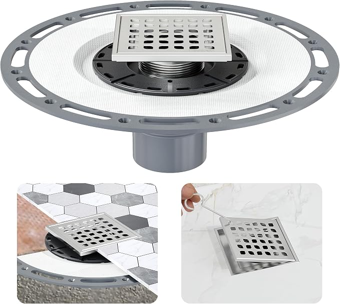 Neodrain 4" Brushed Square Shower Drain with Removable Grate & Drain Key | 304 Stainless Steel Floor Drain , PVC Bonding Flange Base with Anti-Wicking Fabric, for Low Profile Shower Pan