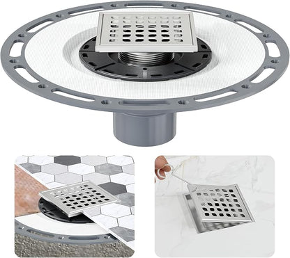 Neodrain 4" Brushed Square Shower Drain with Removable Grate & Drain Key | 304 Stainless Steel Floor Drain , PVC Bonding Flange Base with Anti-Wicking Fabric, for Low Profile Shower Pan