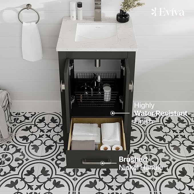 Eviva London 20 Inch Bathroom Vanity with Sink - Freestanding 20 Vanity with Sink Combo - Espresso Bathroom Vanities W/Porcelain Sink and Quartz Countertop for Modern Vanity Bathroom