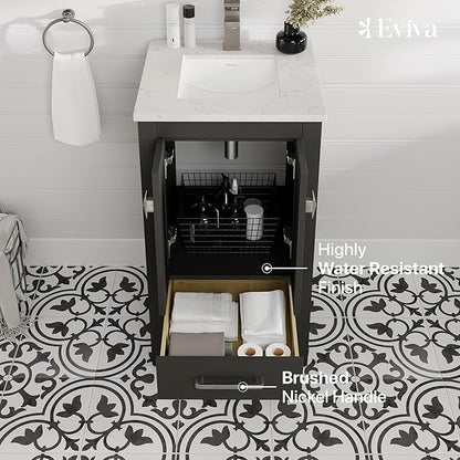 Eviva London 20 Inch Bathroom Vanity with Sink - Freestanding 20 Vanity with Sink Combo - Espresso Bathroom Vanities W/Porcelain Sink and Quartz Countertop for Modern Vanity Bathroom