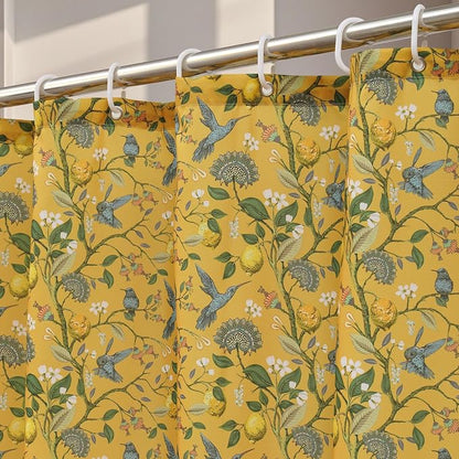 Yellow Floral Bird Shower Curtain 72x84, Hummingbird Jungle Botanical Shower Curtains, Victorian Vintage Farmhouse Chic French Country Style