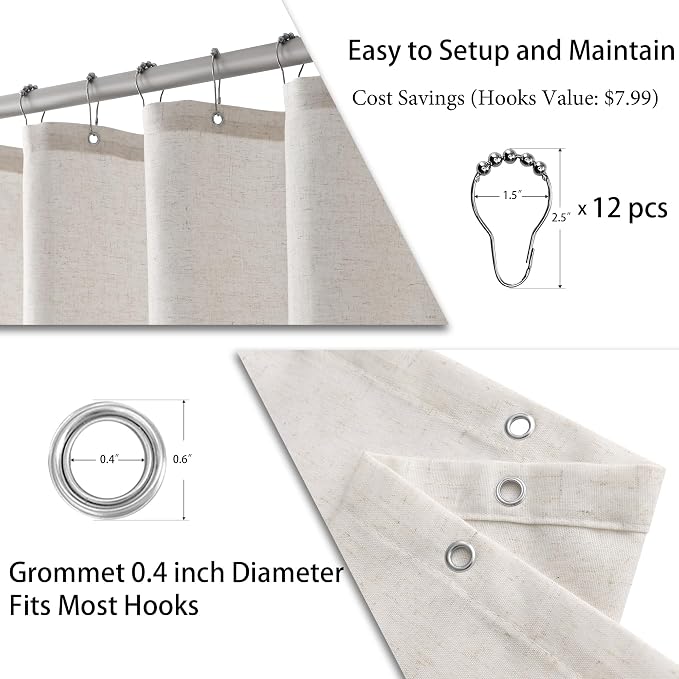 Ombre Grey Linen Shower Curtain, Rustic Boho Farmhouse Style Bath Curtains for Bathroom, Cotton Blend Water Resistant Fabric Shower Curtain with Stainless Steel Hooks, 72 x 84 Inch