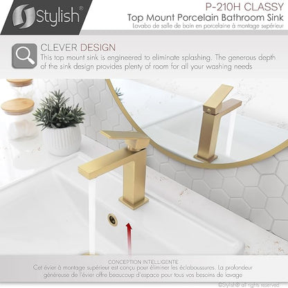 Stylish Drop in Bathroom Sink 20 1/4 x 16 Inch Porcelain Rectangular Bathroom Sinks Shiny Finish Smooth and Stain Resistant Surface with Chrome and Matte Black Overflow, P-210H