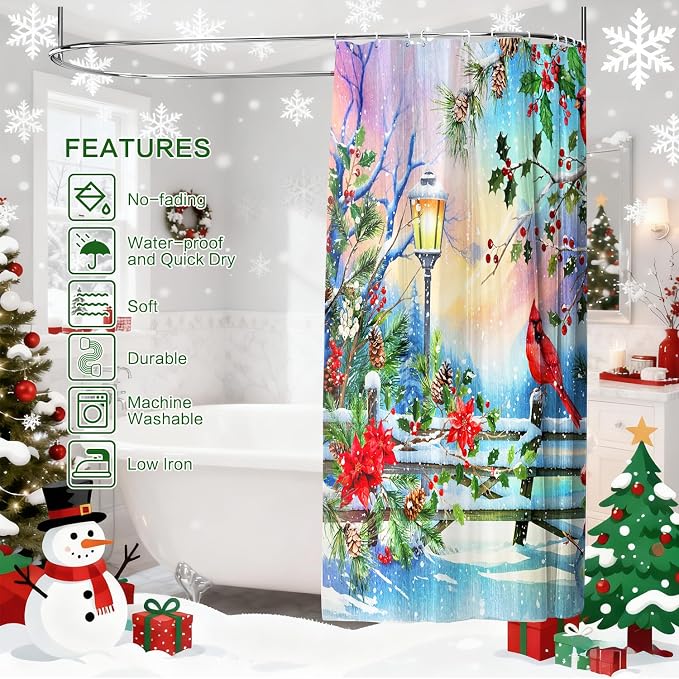 Winter Shower Curtain, Shower Curtains Cardinal Birds Berry Snowman Pine Tree Holiday showercurtain Waterproof Polyester Machine Washable Home Farmhouse Decor Bathroom Curtains