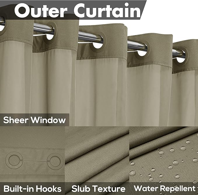 River Dream No Hook Slub Textured Shower Curtain with Snap-in PEVA Liner Set - 71" x 74"(72"), Hotel Style with See Through Top Window, Machine Washable & Water Repellent, Taupe, 71x74