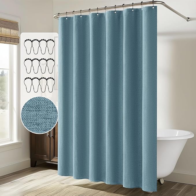 MIULEE 72 x 84 Extra Long Linen Shower Curtain Moonlight Blue 12 Metal Hook | Washable, Heavy Fabric Shower Curtain Set, Waterproof Thick Cloth Shower Curtain, Bathroom Hotel Bathtub