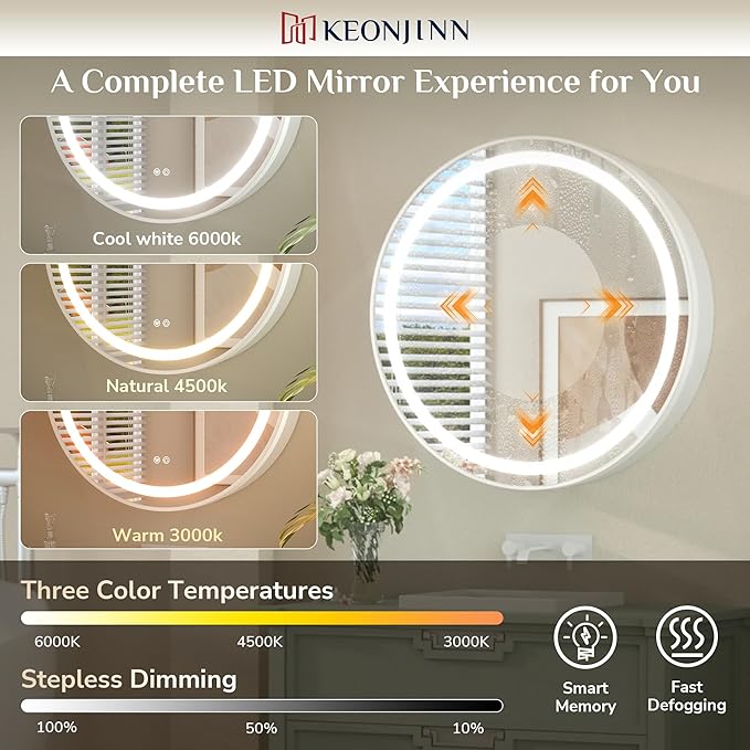 Keonjinn 30 Inch Round Lighted Medicine Cabinet, White LED Medicine Cabinet Mirror, Circle, Electrical Outlet, 3 Color Lights, Anti-Fog, Dimmable, Surface Mount Only
