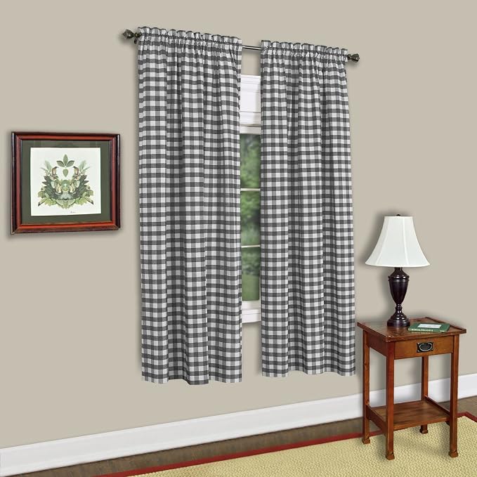 Sweet Home Collection Kitchen Window Curtain Panel Treatment Decorative Buffalo Check Design, 63" Long, Taupe