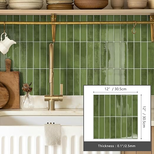 10 Sheets Upgraded Thicker Design Subway Tile Peel and Stick Backsplash | 12”×12”Self Adhesive Wall Tiles Stick on Back Splash for Kitchen,Bathroom,Camper(Green)