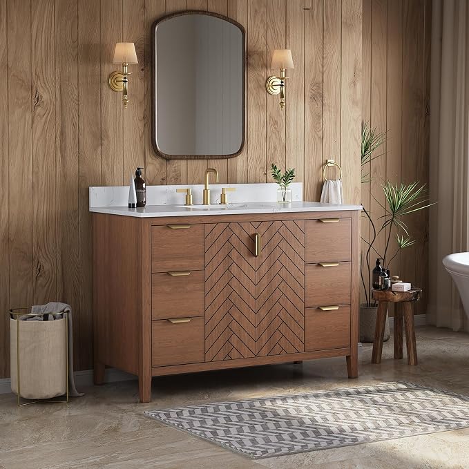 48" Walnut Bathroom Vanity with Sink, No Assembly Required | Solid Wood Bathroom Vanities with Soft Close Doors & Dovetail Drawers, Modern Bathroom Sink Cabinet, 0.78" Stone Top