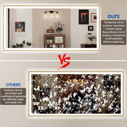 55x36 Inch LED Bthroom Mirror with Gold Frame | Gold Metal Frame, Front and Backlit, 3 Colors, Dimmable, Memory, Anti Fog, Tempered Glass, Lighted Mirror for Wall