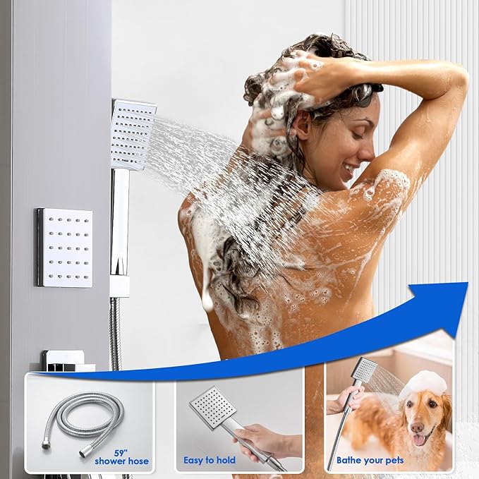ROVOGO Shower Panel Tower System with High Pressure Shower Head, Body Jets, Handheld and Tub Spout, 46.5" Shower Column Stainless Steel with Mixer Valve, Brushed
