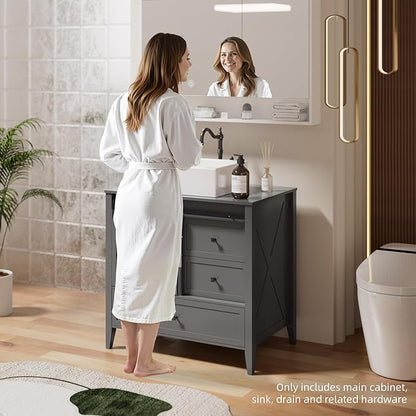 VNN Bathroom Vanity with Sink - 36 Inch Bathroom Vanity with Sink Ceramic, Freestanding Cabinet with Farmhouse Sliding Barn Door and 3 Drawers, Space-Saving Storage Cabinet, Grey