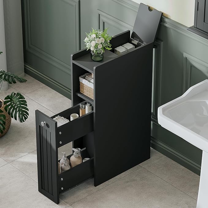 ChooChoo Slim Bathroom Storage Cabinet with Slide Out Drawers | Narrow Storage Organizer with Hidden Storage, Freestanding Toilet Paper Holder, Bathroom Cabinet for Small Places, Black