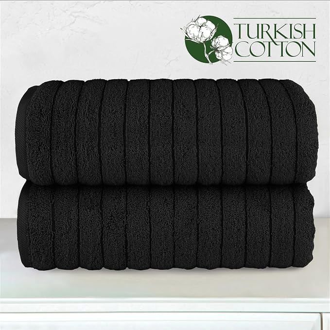 Elegant Comfort 100% Turkish Cotton Corduroy Ribbed Luxury Soft 2 Pack Bath Towels 27 x 54 Inch - Ultra Plush, Absorbent, Quick Dry, Hotel Spa Quality Towels for Bathroom Essentials, Black