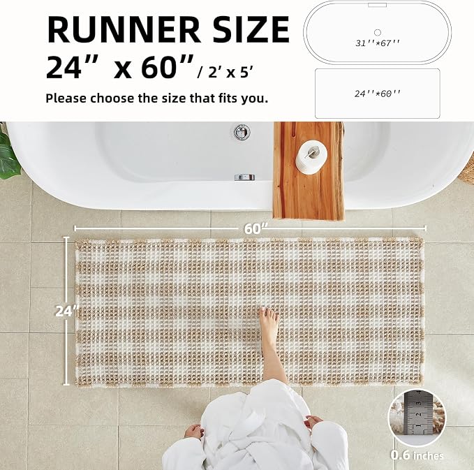 TYUU Waffle Runner Rug Bathroom, Long Boho Bath Mat, 60x24 Khaki & White | Super Absorbent Quick Dry Bath Rug, Non-Slip Backing, Soft Waffle Washable Farmhouse Bathroom Mats, Tub, Shower & Home Decor