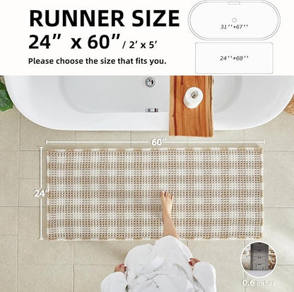 TYUU Waffle Runner Rug Bathroom, Long Boho Bath Mat, 60x24 Khaki & White | Super Absorbent Quick Dry Bath Rug, Non-Slip Backing, Soft Waffle Washable Farmhouse Bathroom Mats, Tub, Shower & Home Decor