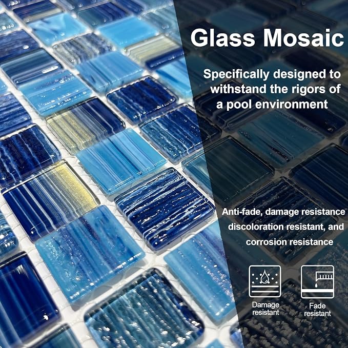 LSDECO 5 Sheets Glass Mosaic Tiles Backsplash, Pool Tiles, 12" x 12" Kitchen Backsplash Tile, Glass Tiles for Bathroom Border Shower Wall (5 Sq.Ft Blue Blend)