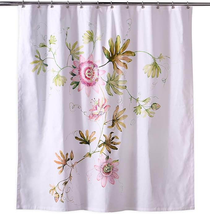 Maison d' Hermine Shower Curtain 100% Cotton One Panel 70"x72" Washable Fabric Shower Curtains for Bathroom, Easy Hanging with 12 Button Holes - Home Hotel Spa Easter Gifts (Passion - White)