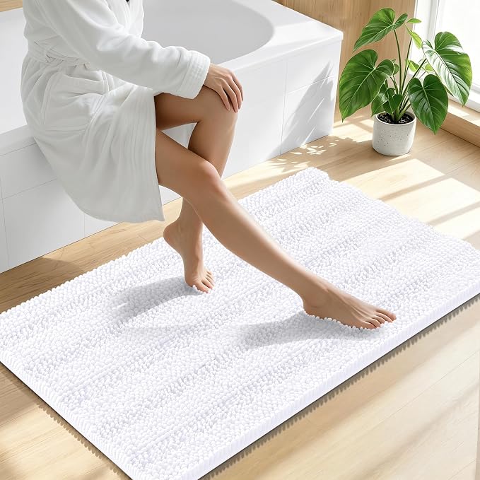 Smiry Thick Chenille Bathroom Runner Rugs 47x17, Absorbent Bath Mat, White | Quick‑Dry & Machine Washable, Non‑Slip Bath Carpet, Soft Striped Bath Rugs for Tub & Shower, Modern Home Decor Accessories