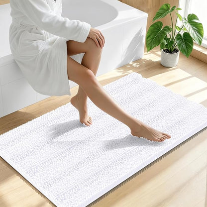 Smiry Thick Chenille Bathroom Runner Rugs 47x17, Absorbent Bath Mat, White | Quick‑Dry & Machine Washable, Non‑Slip Bath Carpet, Soft Striped Bath Rugs for Tub & Shower, Modern Home Decor Accessories