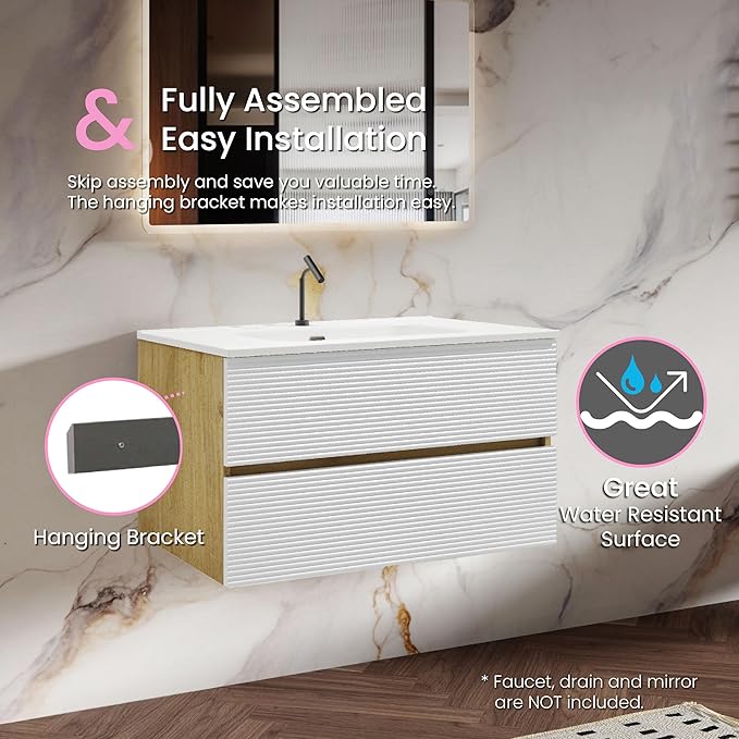36″ Natural Wood & White Floating Bathroom Vanity with Sink, Modern Bathroom Cabinet with Soft Close & Large Storage Drawers, for Bath, Apartment, Hotel, Fully Assembled