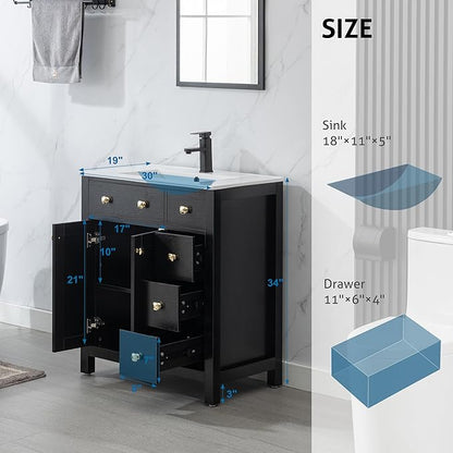 LUCKWIND 30" Bathroom Vanity with Sink, Modern Bathroom Storage Cabinet with Undercounter Sink and Wood Grain Veneer Surface, Include Faucet, No Mirror, Black