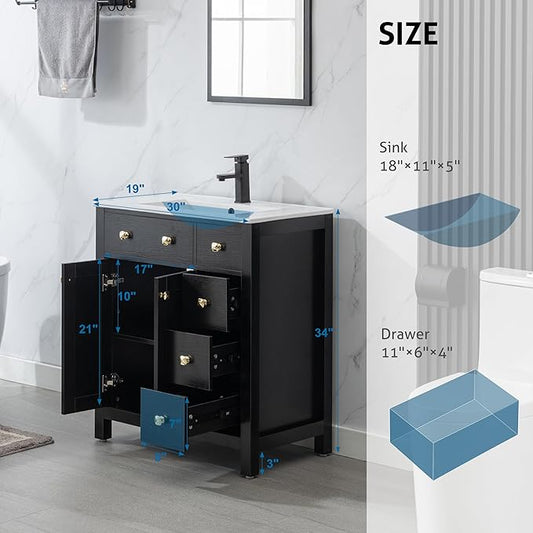 LUCKWIND 30" Bathroom Vanity with Sink, Modern Bathroom Storage Cabinet with Undercounter Sink and Wood Grain Veneer Surface, Include Faucet, No Mirror, Black