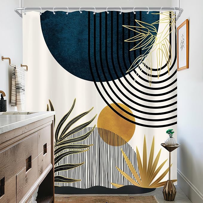 KOMLLEX Mid Century Blue Boho Abstract Modern Bathroom Shower Curtain Set | 72Wx72L Plant Botanical design, waterproof HD print with fast-drying fabric and 12 hooks.