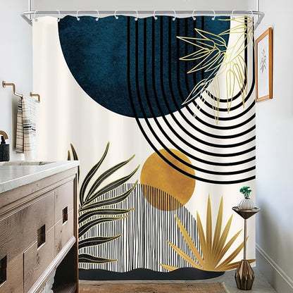 KOMLLEX Mid Century Blue Boho Abstract Modern Bathroom Shower Curtain Set | 72Wx72L Plant Botanical design, waterproof HD print with fast-drying fabric and 12 hooks.