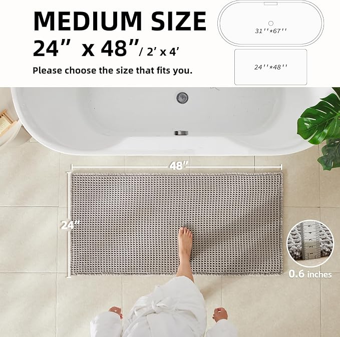 TYUU Waffle Bath Mat, Boho Bathroom Rugs Non Slip, 48x24 Light Grey | Super Absorbent Quick Dry Bath Rug, Non-Slip Backing, Soft Waffle Washable Farmhouse Bathroom Mats, Tub, Shower & Home Decor