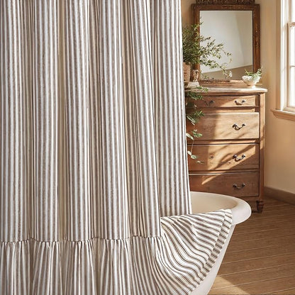 Farmhouse Shower Curtain Ruffle Linen Cream-Brown Stripe 72"W x 78"L | Farmhouse Boho, Striped, Bottom Ruffle, Linen Fabric, Rustic, Country, Natural Look, Washable, for Bathroom Bathtub