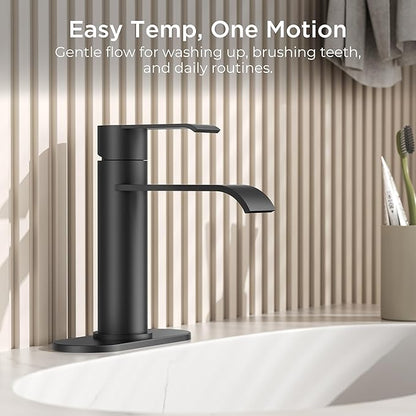 FORIOUS Black Bathroom Faucet 1 Hole, Single Handle Matte Black Waterfall Bathroom Faucet Single Hole for Rv, Lavatory, Restroom Tap with 3 Hole Adapter Deck Plate, Pop Up Drain and 24" Supply Hose
