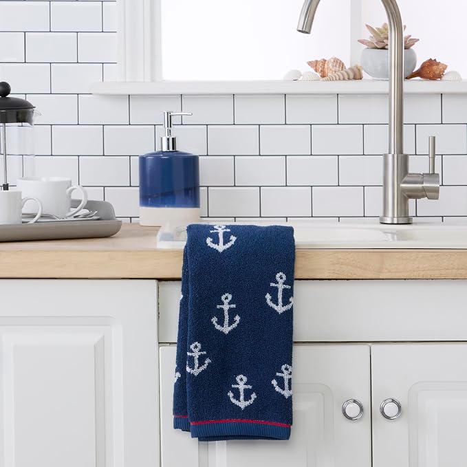 SKL Home Nautical Anchor Jacquard Hand Towel Set-2pc, 100% Cotton, Navy | Plush, absorbent & reversible. Great for everyday & coastal/beach décor in the bathroom, kitchen, bar or any sink space.