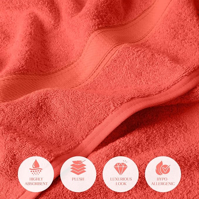 SUPERIOR Egyptian Cotton Ultra Plush & Absorbent, 3 Piece Set, Coral | Quick Dry, Soft Luxury Towel Set, Bath Essentials, Guest Bath, Spa, 1 Bath, 1 Hand, 1 Face Towels, Madeline Towels