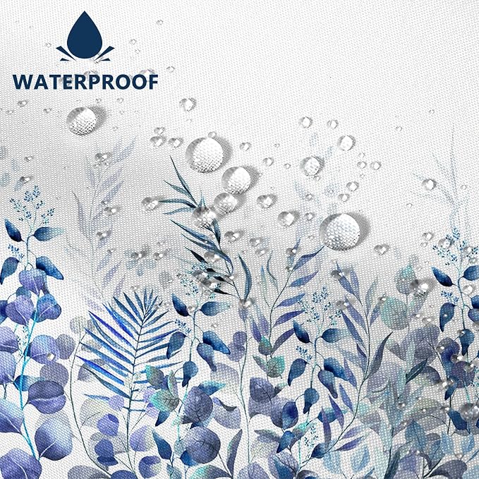 AWERT Shower Curtain Plants for Bathroom,Waterproof Quick-Drying Blue Leaves Shower Curtain Set with Hooks 48x72 Inch