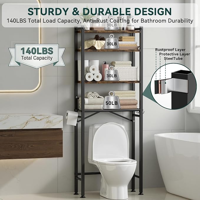 GloTika 4-Tier Over The Toilet Storage, Anti-Tilt, 69.3" H, Black Brown | Anti-Tilt Safety System, 150lb Capacity, Carbon Steel, Freestanding, Anti-Rust Coating, Paper Holder & 4 Hooks