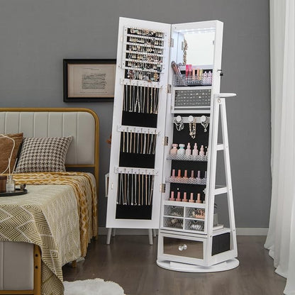 GOFLAME 360° Rotating Jewelry Cabinet with Full Length Mirror, Standing LED Mirror Jewelry Armoire, Lockable Jewelry Organizer with Hair Dryer Rack, Back Storage Shelves, Inner Makeup Mirror, White