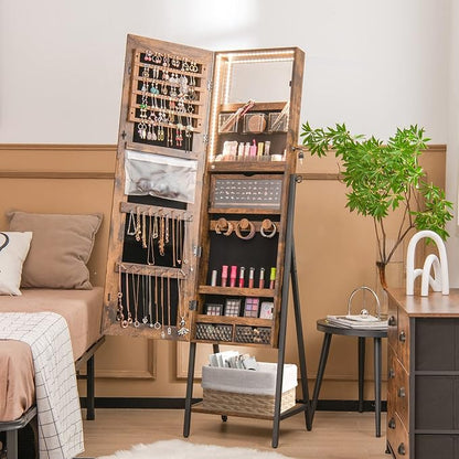 CHARMAID Standing Jewelry Armoire with Full Length Mirror, Lockable Jewelry Cabinet Organizer with Lights, 3 Lighting Modes, Foldable Makeup Tray, Storage Drawers & Shelves (Rustic Brown)