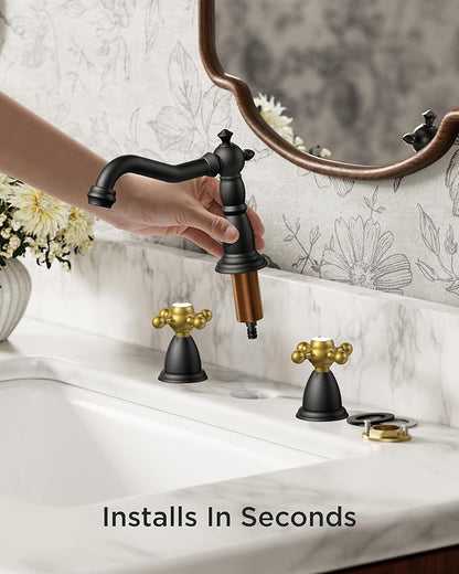 FORIOUS Matte Black and Gold Brass Antique Vintage Bathroom Faucet with Metal Pop Up Drain and 24" Water Hose for 3 Hole 8 Inch Widespread Bathroom Sink Farmhouse Vanity