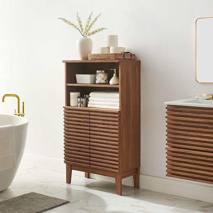 Modway Render Freestanding Bathroom Storage Cabinet in Walnut - 43 Inch Linen or Towel Cabinet with Slatted Doors