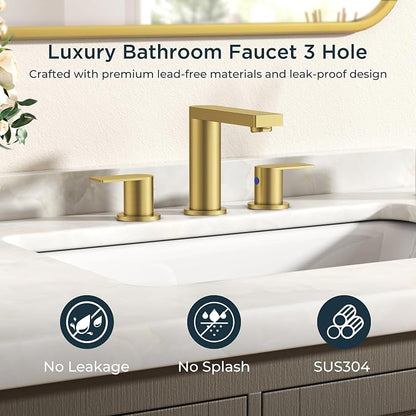FORIOUS 8 Inch Bathroom Faucet 3 Hole, 2 Handles for Vanity Brushed Gold | 2 Handles Bathroom Sink Faucet with Pop-up Drain and 24" cUPC Lines, Fits 6-12 Inch 3 Hole Install, for RV Laundry Sink