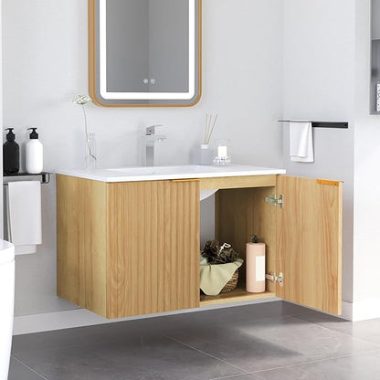 Modern Bathroom Vanity Without Sink, Floating Wall Mount Cabinet with Wavy Textured Doors, Waterproof Storage for Small Bathroom, Soft-Close Design, Nature Wood (Nature Without Sink, 30")