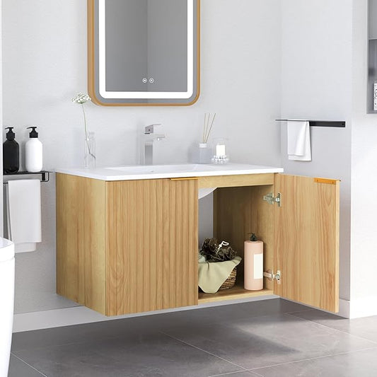 Modern Bathroom Vanity Without Sink, Floating Wall Mount Cabinet with Wavy Textured Doors, Waterproof Storage for Small Bathroom, Soft-Close Design, Nature Wood (Nature Without Sink, 30")