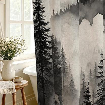Litabel Black Linen Misty Pine Forest Shower Curtain, Mountain Foggy Woodland Cotton Shower Curtains for Chic Rustic Bathroom, Abstract Modern Waterproof Nature-Themed Decor, 72 x 72