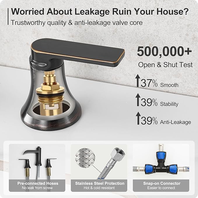 Waterfall Bathroom Faucets 3 Hole, 8 Inch Brass Oil Rubbed Bronze Bathroom Faucet, 2 Handles Bathroom Sink Faucet, Widespread Faucet for Bathroom Sink with Pop-up Drain & Hose