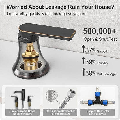 Waterfall Bathroom Faucets 3 Hole, 8 Inch Brass Oil Rubbed Bronze Bathroom Faucet, 2 Handles Bathroom Sink Faucet, Widespread Faucet for Bathroom Sink with Pop-up Drain & Hose