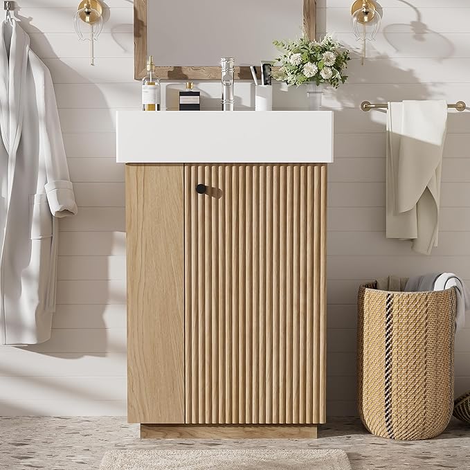 Merax Small Bathroom Vanity, Modern Floor Standing Bathroom Vanity with Sink, Ceramic Sink Vanity with Side Storage Shelves and Toilet Paper Holders, Oak