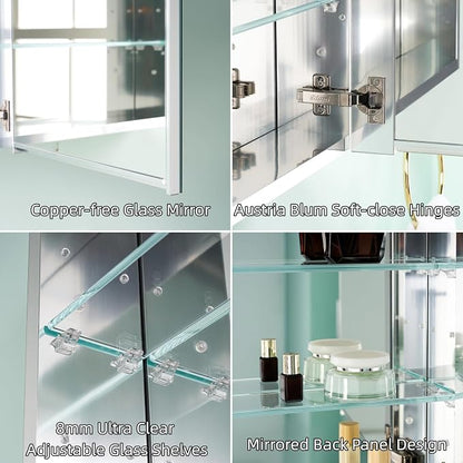 52" x 36" Bathroom Medicine Cabinet with Mirror, Anodized Chrome Aluminum Frame, Surface Mount or Recessed Medicine Cabinet with Mirror, Bathroom Mirror with Storage, Three Doors